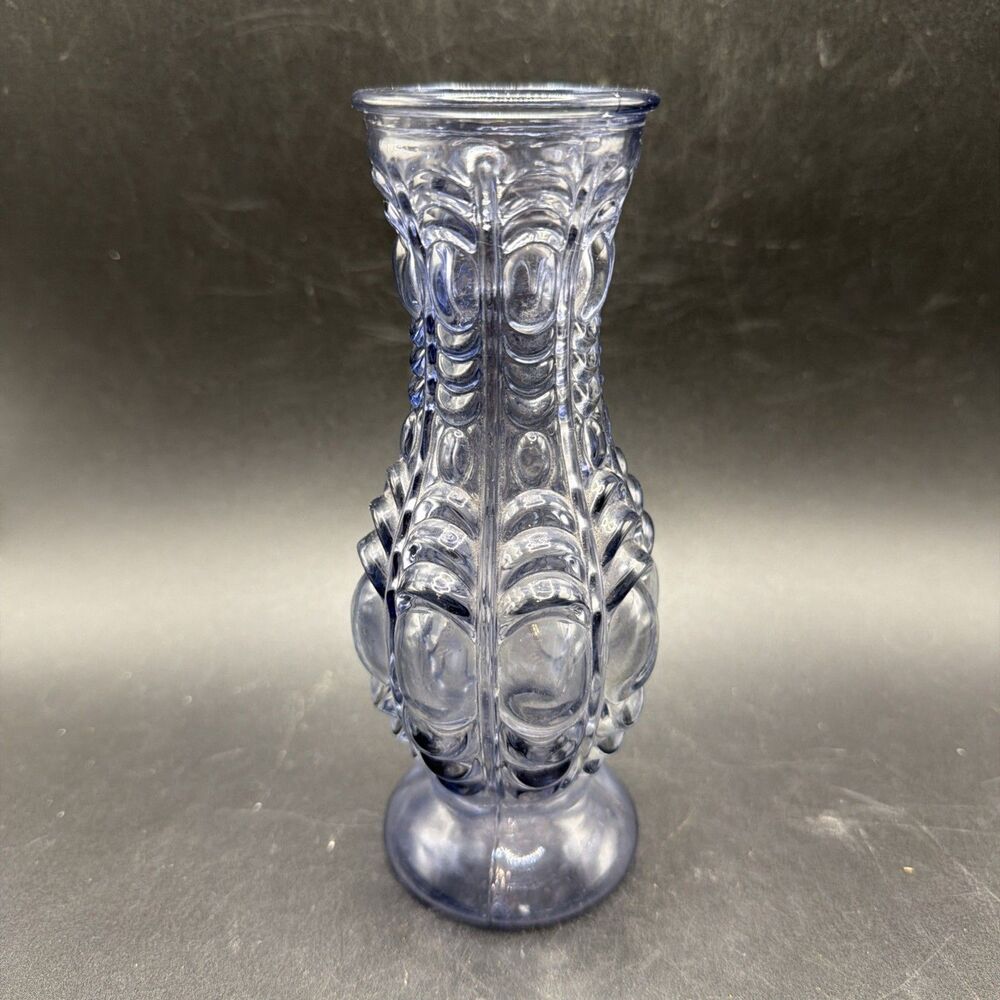 Pressed Blue Glass Vase Ornate Baroque Pattern Mid-Century Scandinavian Style